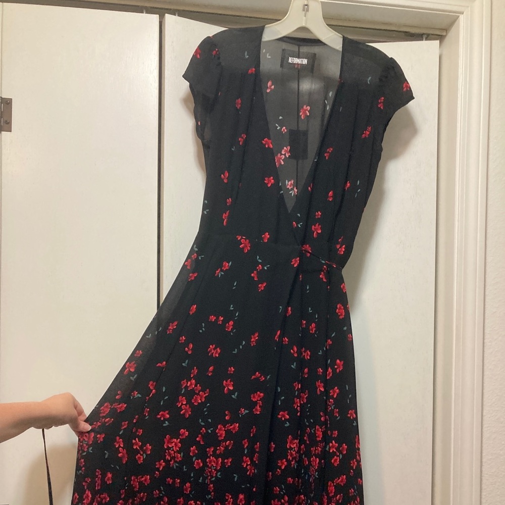 NWOT Reformation Black and Red Floral Wrap Dress
